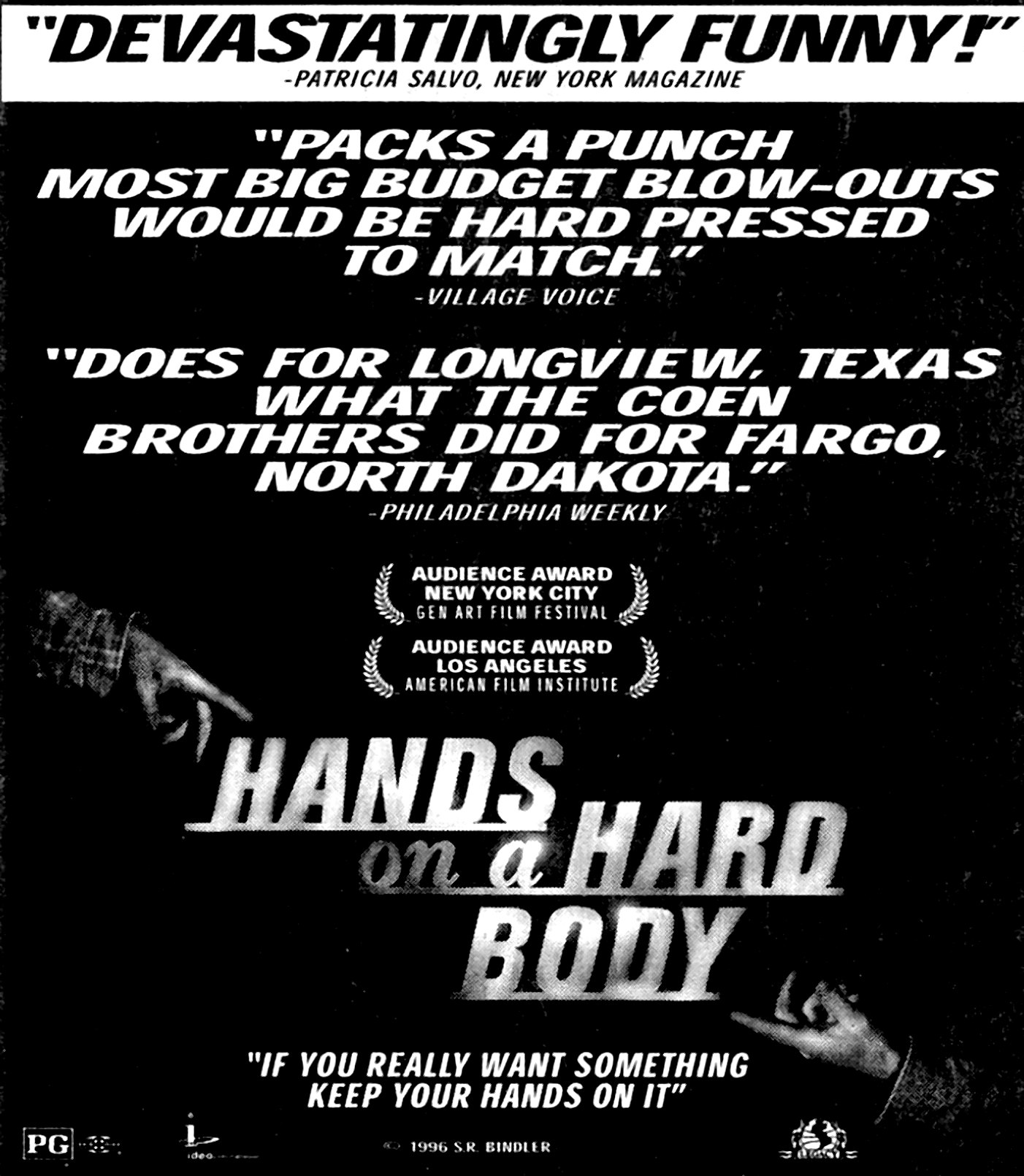 The original 1997 theatrical poster for Hands on a Hardbody, with review quotes and audience award laurels